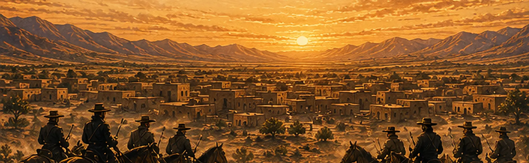 San Felipe de los Llanos al atardecer, entre montañas y grupos de jinetes